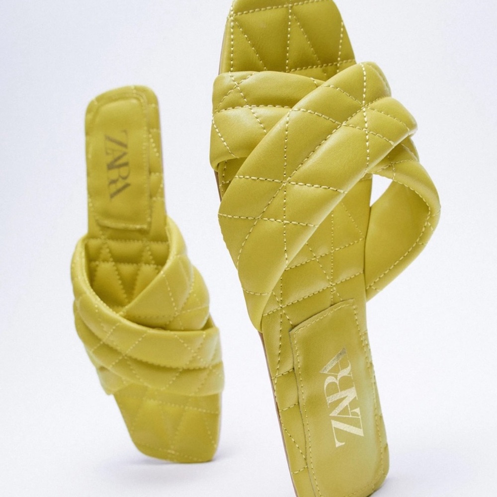 Zara QUILTED SLIDES Crossed Straps Sandals Green NEW